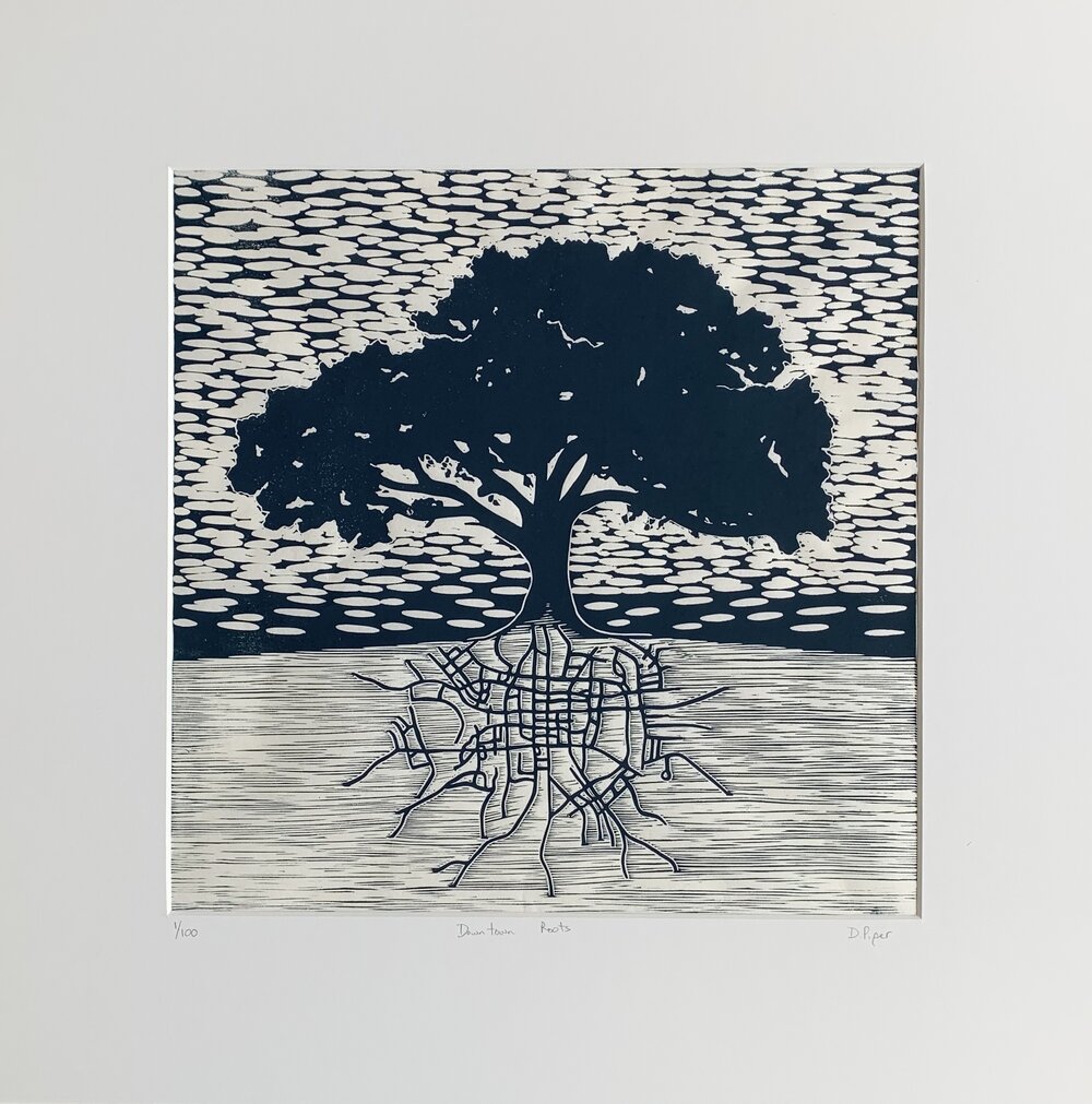 Downtown Roots | 20" x 20" | Linoleum Block Print