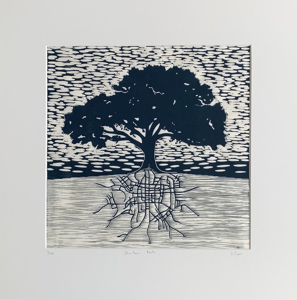 Downtown Roots | 20" x 20" | Linoleum Block Print