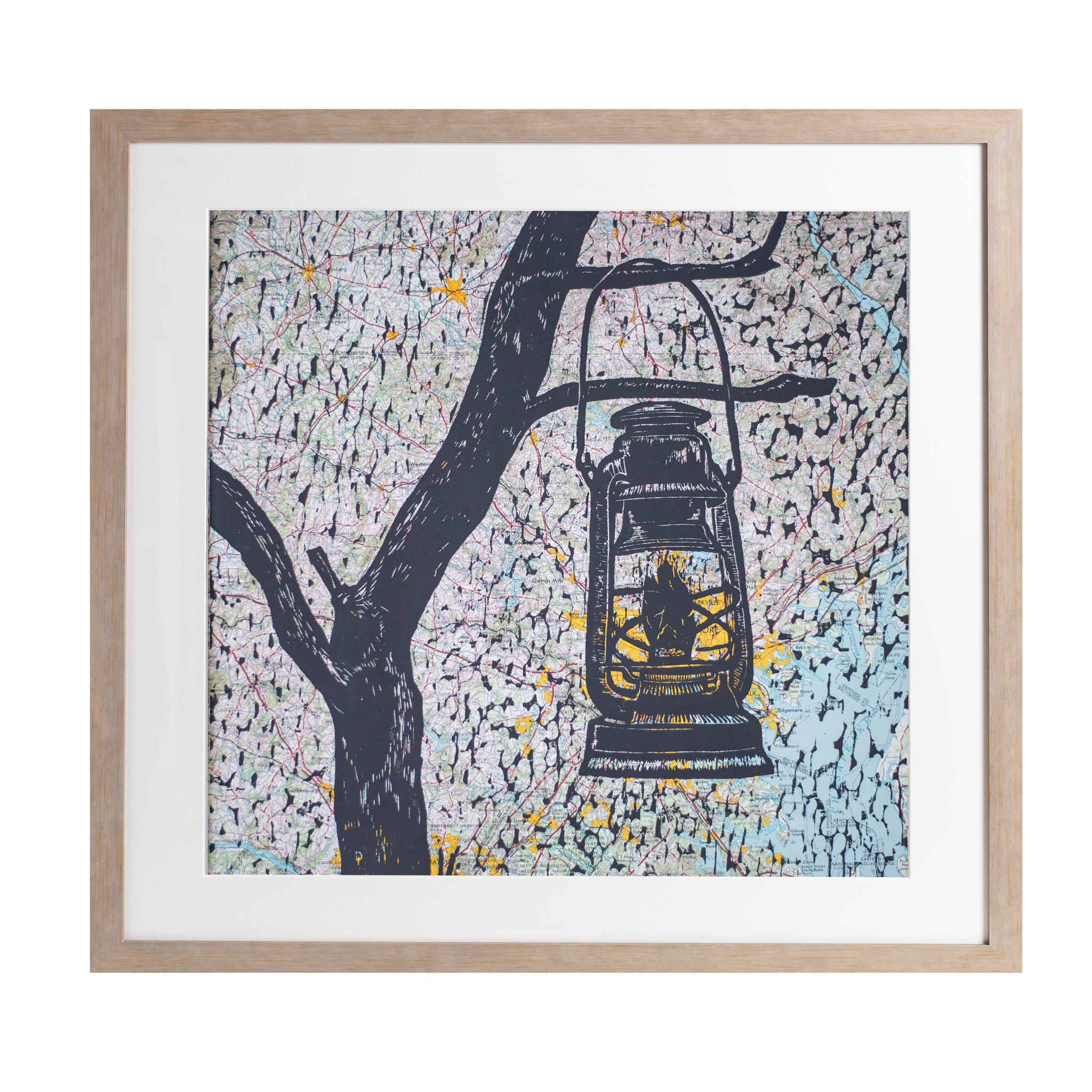Light the Way | 22.5" x 22.5" | Framed Woodblock print on Vintage Topo Map