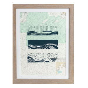 Wandering Waves | 20.5" x 26.5" | Framed Linoleum block on Vintage Nautical Map