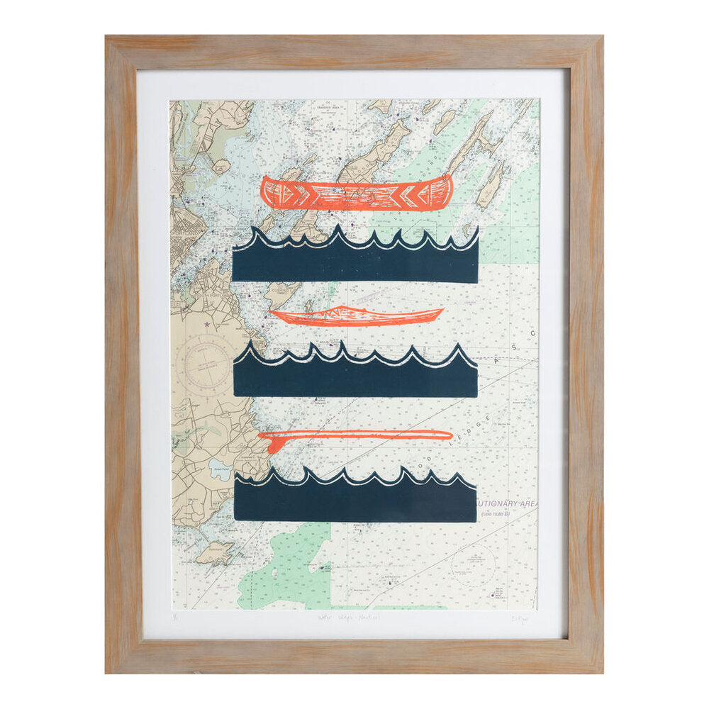 Water Ways | 20.5" x 26.5" | Framed Linoleum block on Vintage Nautical Map
