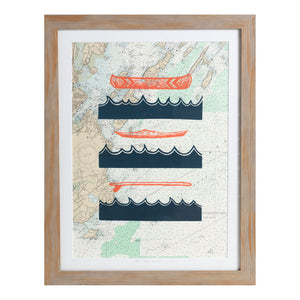 Water Ways | 20.5" x 26.5" | Framed Linoleum block on Vintage Nautical Map