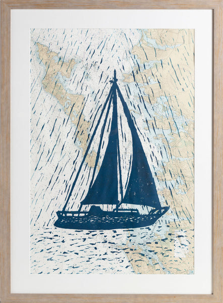Full Sail | 36” x 48" | Framed Woodblock on Vintage Nautical Map