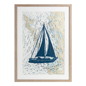 Full Sail | 36” x 48" | Framed Woodblock on Vintage Nautical Map